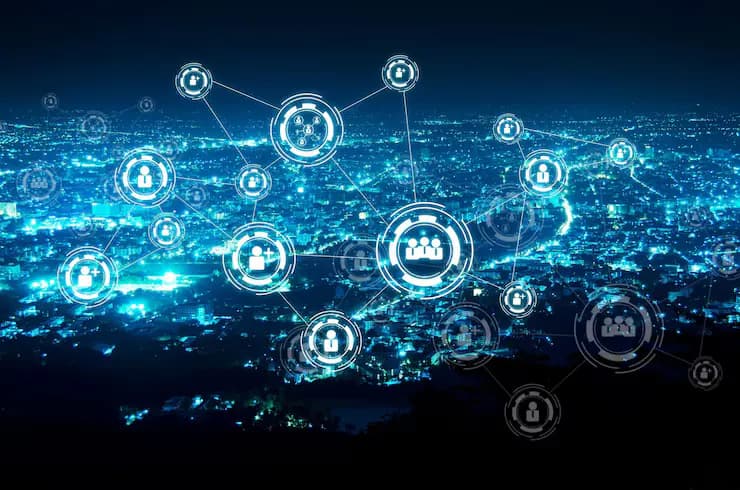 Digital composite image icons illuminated city night