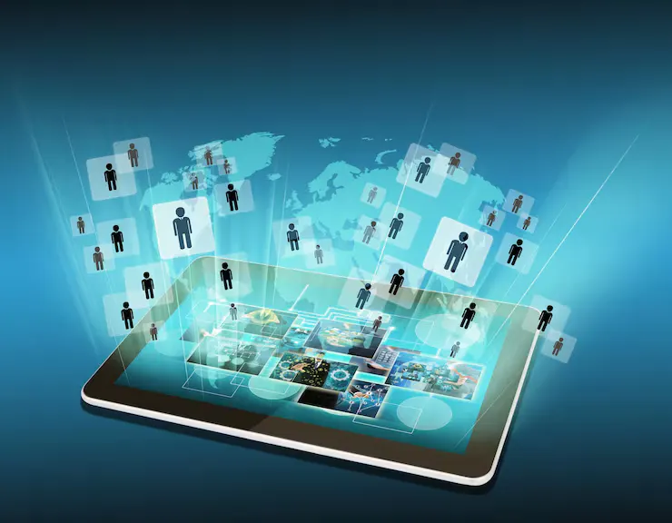 High angle view human icons emerging from digital tablet blue background