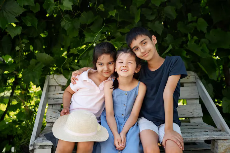 Kids spending time outdoors rural area enjoying childhood