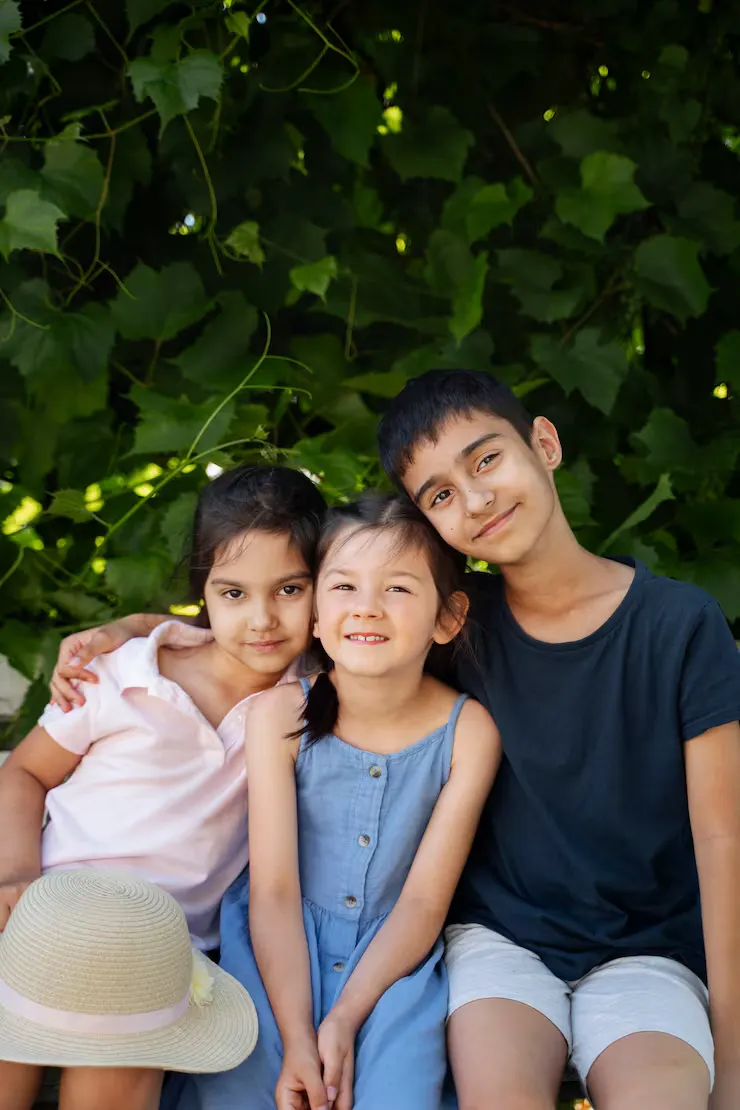 Kids spending time outdoors rural area enjoying childhood