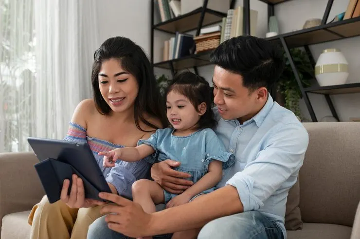Medium shot parents kid with tablet