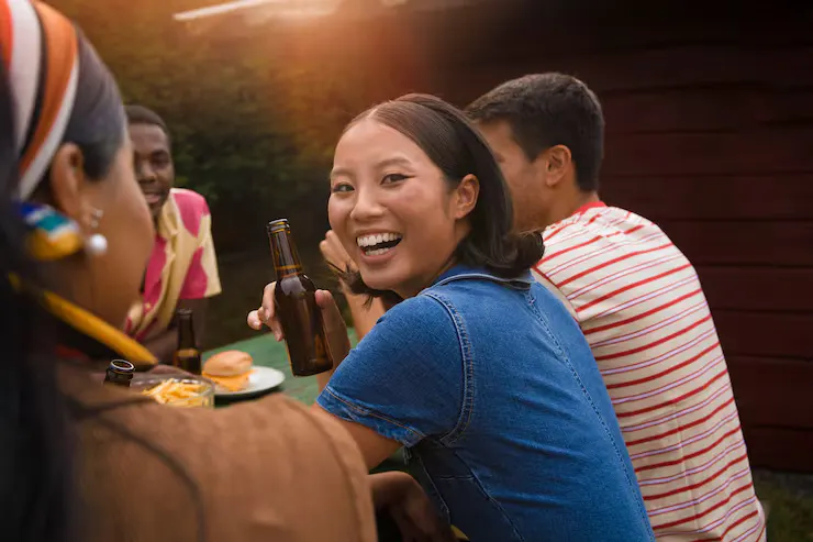 Smiley people having fun side view