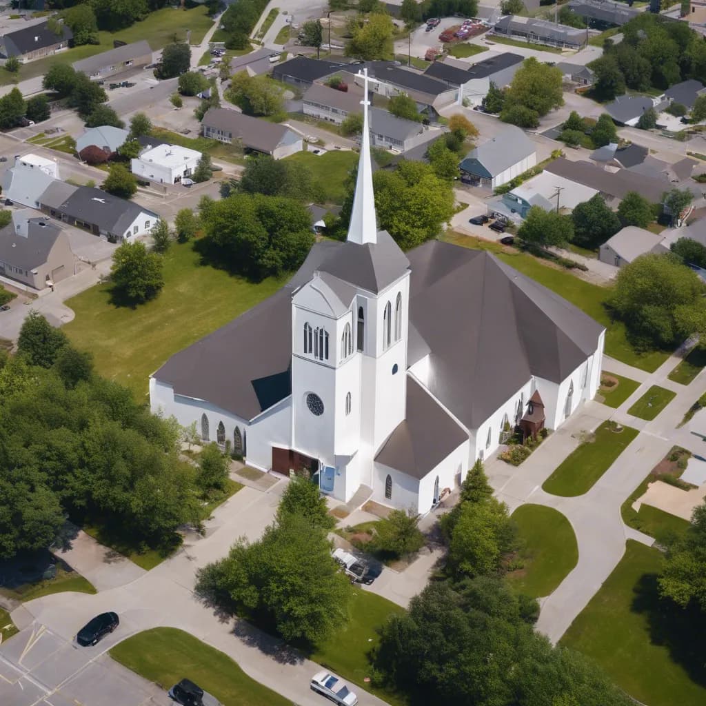 A white clapboard church seen from the air, surrounded by trees