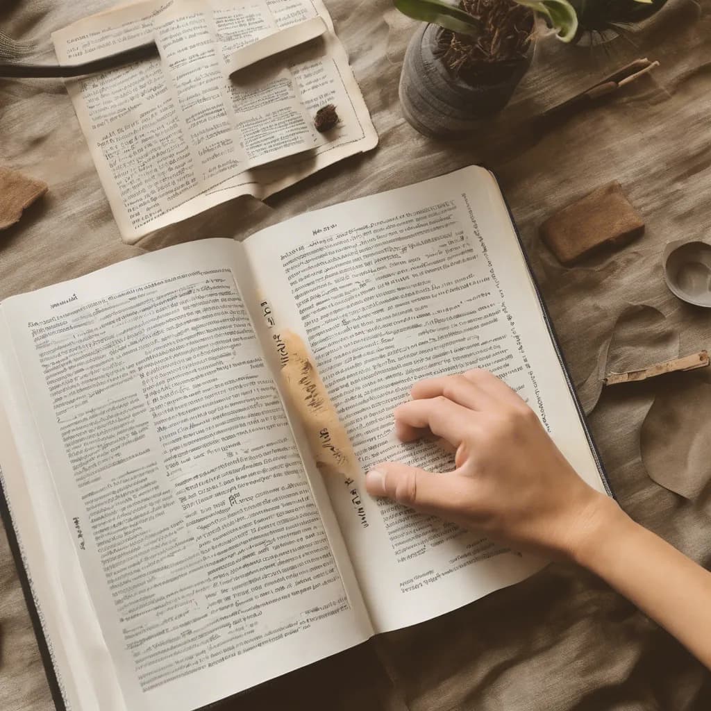 A hand resting on the open page of a well-used Bible