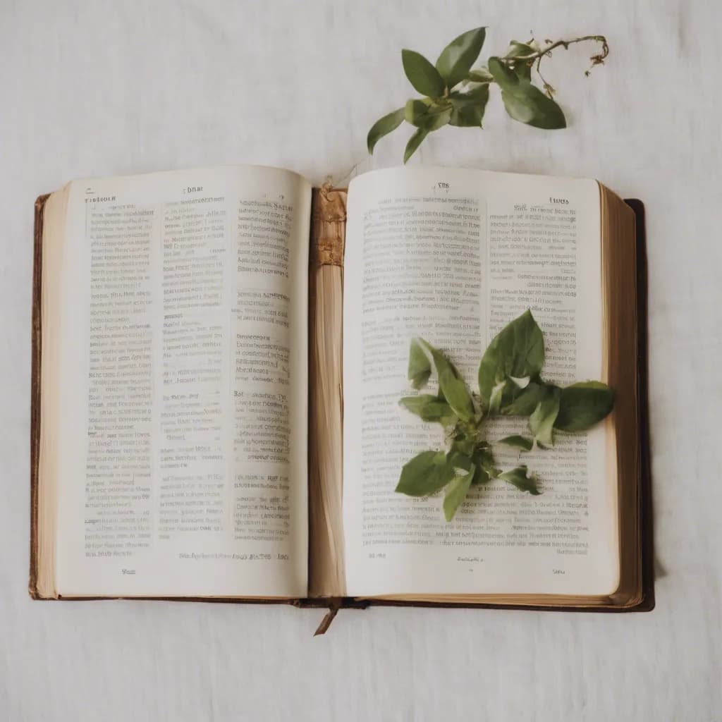 An open Bible with a sprig of green leaves laid across the page