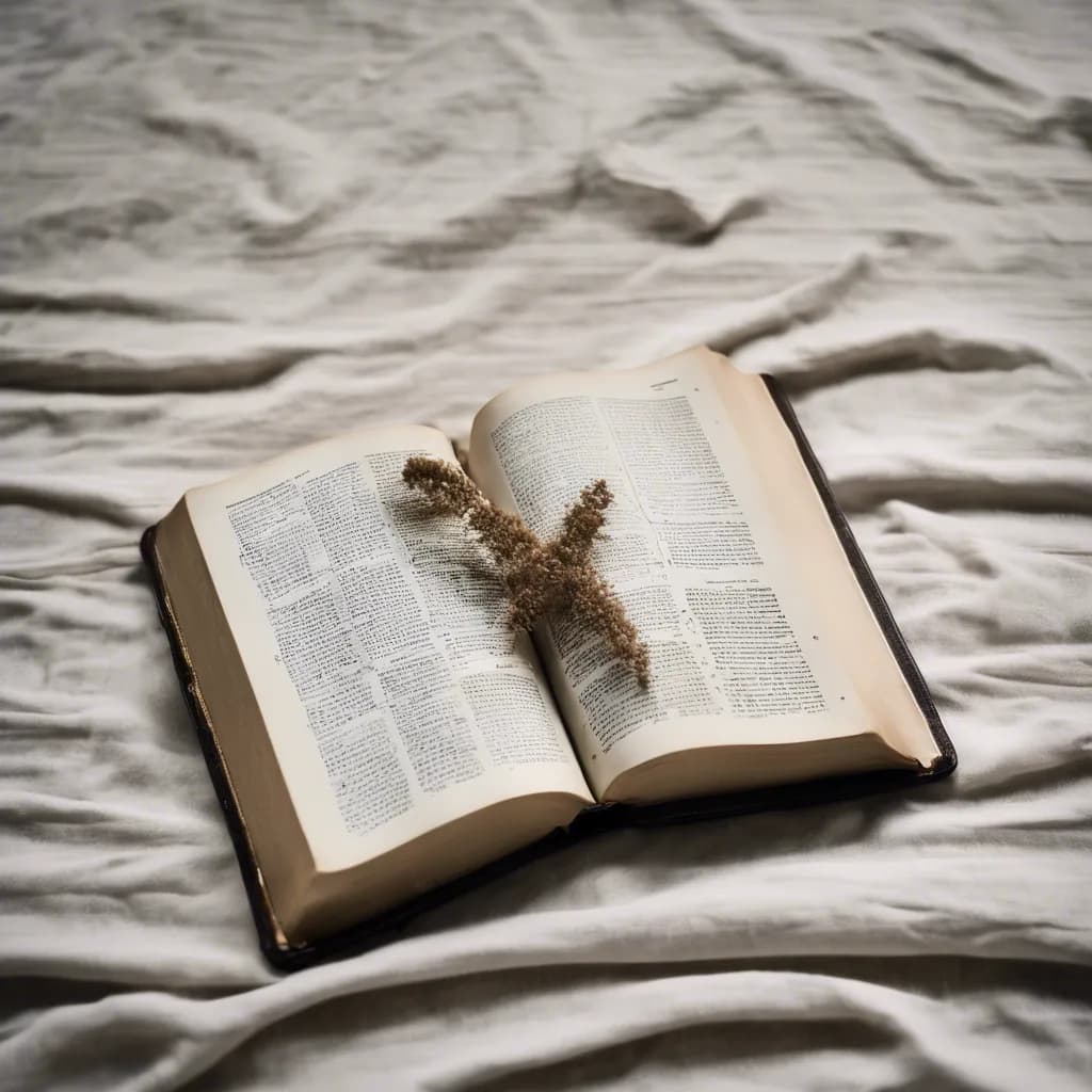 An open Bible lying on rumpled linen in soft light
