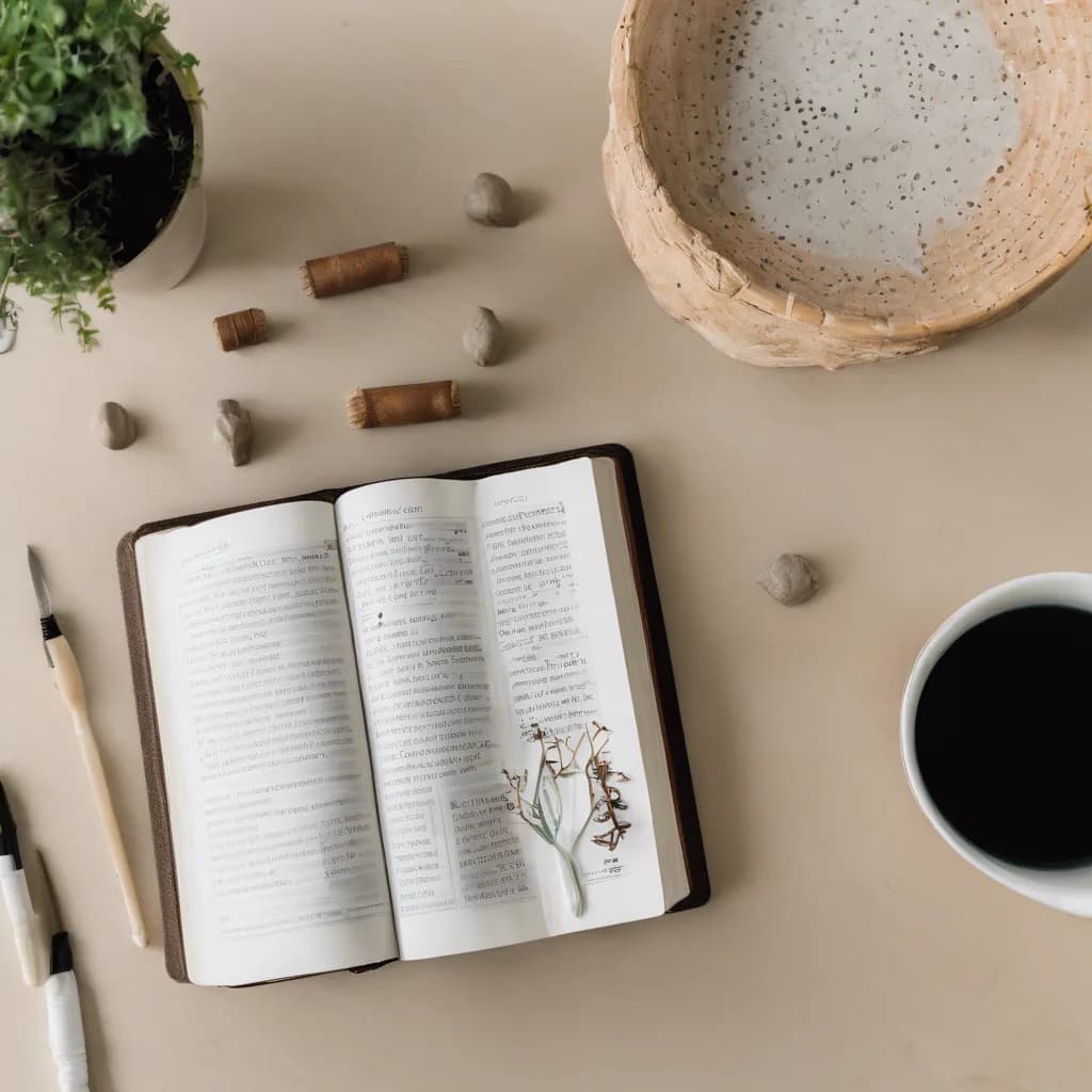 An open Bible on a table beside a small potted plant