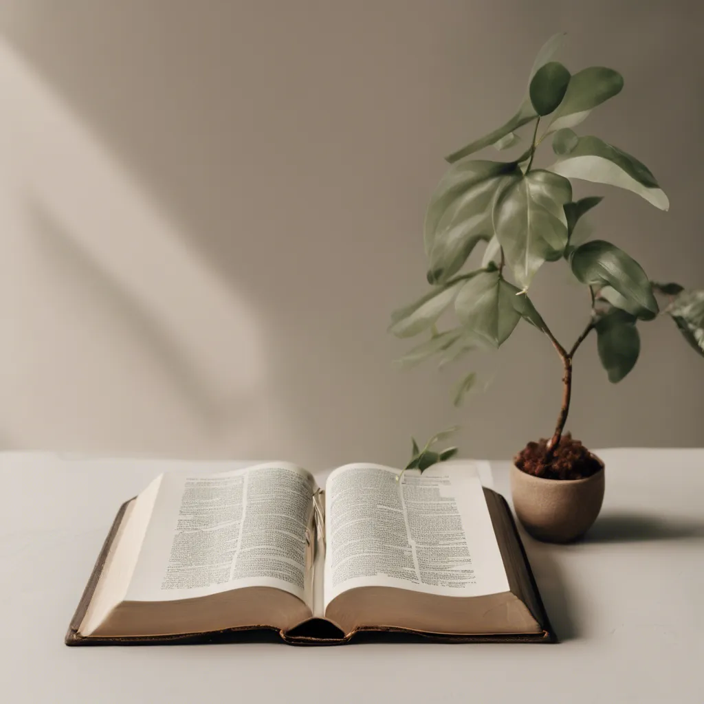 An open Bible catching low light, a seedling in a pot behind it