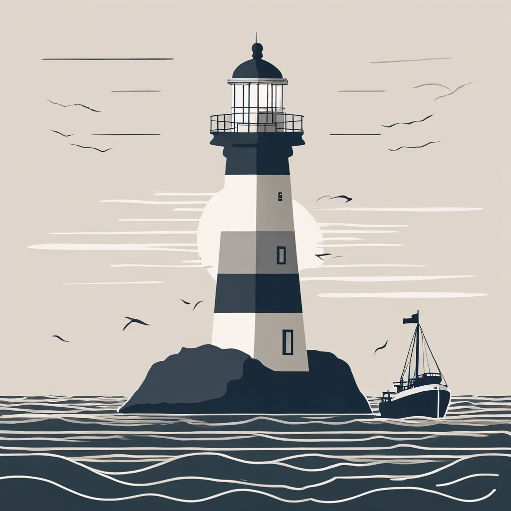 Illustration of a lighthouse on a rock with a boat passing