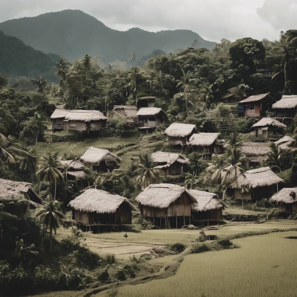 A village of thatched houses on stilts among palms and rice terraces