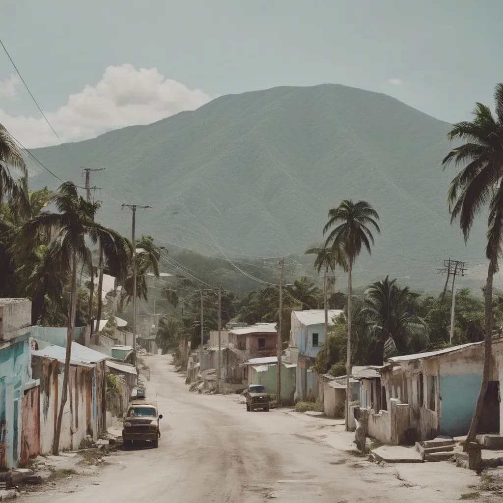 A dirt road running through a village towards a green mountain