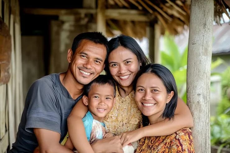 Parents and two children pressed together, laughing
