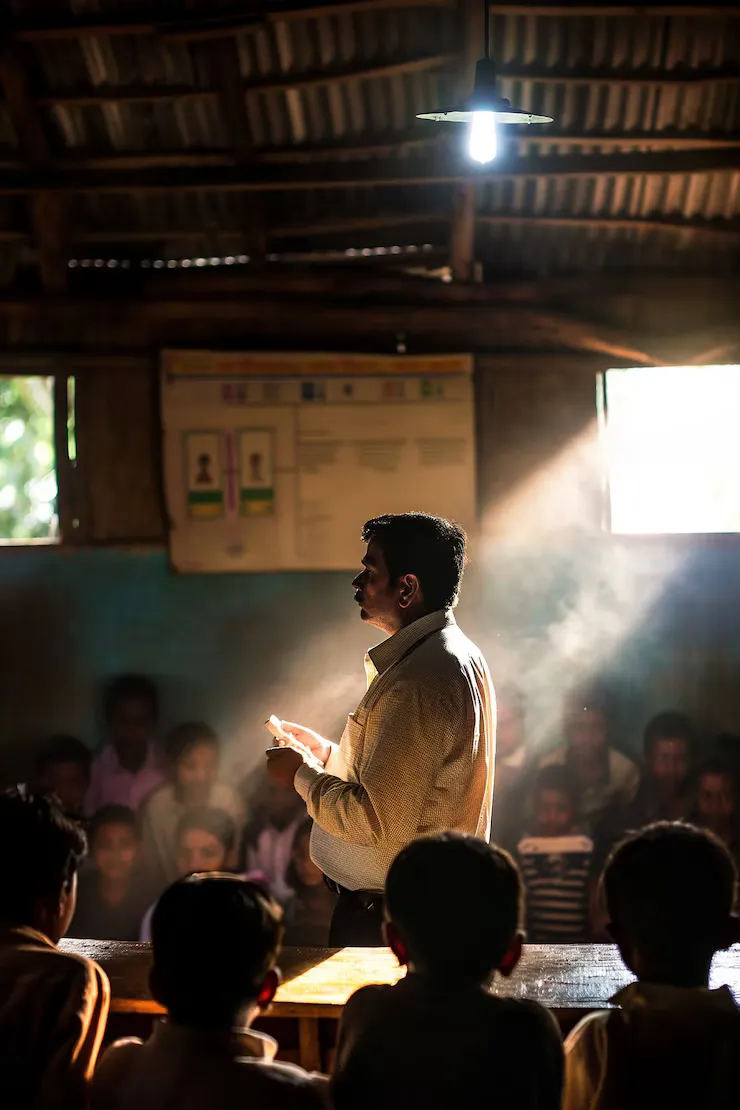 A man teaching in a rural classroom, light through the doorway