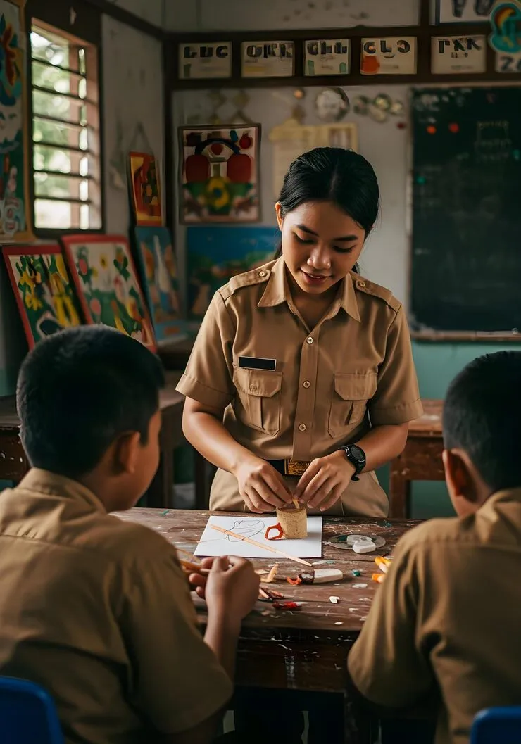 A teacher in uniform working with children at a low table